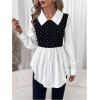 imageMakeMeChic Womens Color Block Rib Knitted Collar Long Sleeve 2 in 1 Shirt Blouse Peplum TopsBlack Dots