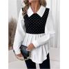 imageMakeMeChic Womens Color Block Rib Knitted Collar Long Sleeve 2 in 1 Shirt Blouse Peplum TopsBlack Dots