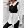 imageMakeMeChic Womens Color Block Rib Knitted Collar Long Sleeve 2 in 1 Shirt Blouse Peplum TopsBlack and White