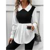 imageMakeMeChic Womens Color Block Rib Knitted Collar Long Sleeve 2 in 1 Shirt Blouse Peplum TopsBlack and White