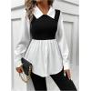 imageMakeMeChic Womens Color Block Rib Knitted Collar Long Sleeve 2 in 1 Shirt Blouse Peplum TopsBlack and White