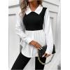 imageMakeMeChic Womens Color Block Rib Knitted Collar Long Sleeve 2 in 1 Shirt Blouse Peplum TopsBlack and White