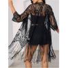 imageMakeMeChic Womens Lace Sheer Fringe Kimono Hollow Out Top Open Front Long Sleeve Beach Cover UpBlack