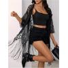 imageMakeMeChic Womens Lace Sheer Fringe Kimono Hollow Out Top Open Front Long Sleeve Beach Cover UpBlack