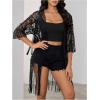 imageMakeMeChic Womens Lace Sheer Fringe Kimono Hollow Out Top Open Front Long Sleeve Beach Cover UpBlack
