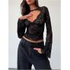 imageMakeMeChic Womens Lace Sheer Top Y2k Bell Sleeve Cut Out T Shirt Fitted Crop TopsBlack
