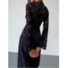imageMakeMeChic Womens Lace Sheer Top Y2k Bell Sleeve Cut Out T Shirt Fitted Crop TopsBlack