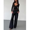 imageMakeMeChic Womens Lace Sheer Top Y2k Bell Sleeve Cut Out T Shirt Fitted Crop TopsBlack