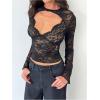 imageMakeMeChic Womens Lace Sheer Top Y2k Bell Sleeve Cut Out T Shirt Fitted Crop TopsBlack