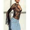 imageMakeMeChic Womens Lace Sheer Top Y2k Bell Sleeve Cut Out T Shirt Fitted Crop TopsBlack B