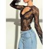 imageMakeMeChic Womens Lace Sheer Top Y2k Bell Sleeve Cut Out T Shirt Fitted Crop TopsBlack B