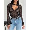 imageMakeMeChic Womens Lace Sheer Top Y2k Bell Sleeve Cut Out T Shirt Fitted Crop TopsBlack Lace B
