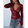 imageMakeMeChic Womens Lace Sheer Top Y2k Bell Sleeve Cut Out T Shirt Fitted Crop TopsBurgundy Red