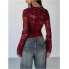 imageMakeMeChic Womens Lace Sheer Top Y2k Bell Sleeve Cut Out T Shirt Fitted Crop TopsBurgundy Red