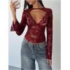 imageMakeMeChic Womens Lace Sheer Top Y2k Bell Sleeve Cut Out T Shirt Fitted Crop TopsBurgundy Red
