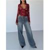 imageMakeMeChic Womens Lace Sheer Top Y2k Bell Sleeve Cut Out T Shirt Fitted Crop TopsBurgundy Red