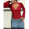 imageMakeMeChic Womens Lace Sheer Top Y2k Bell Sleeve Cut Out T Shirt Fitted Crop TopsRed