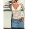 imageMakeMeChic Womens Lace Sheer Top Y2k Bell Sleeve Cut Out T Shirt Fitted Crop TopsWhite