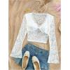 imageMakeMeChic Womens Lace Sheer Top Y2k Bell Sleeve Cut Out T Shirt Fitted Crop TopsWhite Lace