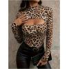 imageMakeMeChic Womens Leopard Print Cut Out Mock Neck Long Sleeve Slim Fit Tee Shirt TopsBrown and Black