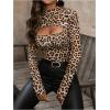 imageMakeMeChic Womens Leopard Print Cut Out Mock Neck Long Sleeve Slim Fit Tee Shirt TopsBrown and Black