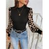 imageMakeMeChic Womens Leopard Print Long Sleeve Mock Neck Slim Fit Blouse Casual Shirt TopsBlack