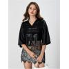 imageMakeMeChic Womens Letter Graphic Floral Lace Sheer V Neck Tee Top Half Sleeve Oversized Y2K Jersey TopBlack