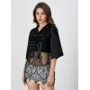 imageMakeMeChic Womens Letter Graphic Floral Lace Sheer V Neck Tee Top Half Sleeve Oversized Y2K Jersey TopBlack