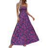 imageMakeMeChic Womens Floral Print Shirred Cami Dress Spaghetti Strap Sleeveless High Waist Flare Long DressBlue