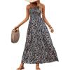 imageMakeMeChic Womens Floral Print Shirred Cami Dress Spaghetti Strap Sleeveless High Waist Flare Long DressBlue B