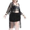 imageMakeMeChic Womens Lace Sheer Fringe Kimono Hollow Out Top Open Front Long Sleeve Beach Cover UpBlack Plus