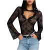 imageMakeMeChic Womens Lace Sheer Top Y2k Bell Sleeve Cut Out T Shirt Fitted Crop TopsBlack Lace B