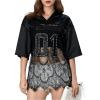 imageMakeMeChic Womens Letter Graphic Floral Lace Sheer V Neck Tee Top Half Sleeve Oversized Y2K Jersey TopBlack
