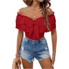 imageMakeMeChic Womens Short Sleeve Off Shoulder Tie Front Ruffle Layer Tee Shirts TopsRed