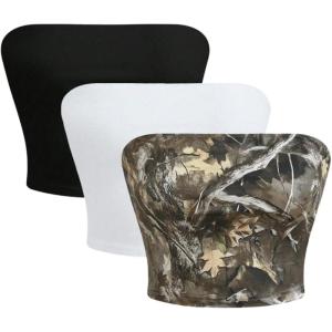 imageMakeMeChic Womens 3 Pcs Y2k Leopard Print Tube Tops Strapless Cheetah Print Crop TopCamo Black White