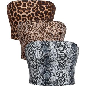 imageMakeMeChic Womens 3 Pcs Y2k Leopard Print Tube Tops Strapless Cheetah Print Crop TopLeopard Cheetah Snake