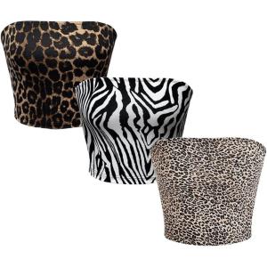 imageMakeMeChic Womens 3 Pcs Y2k Leopard Print Tube Tops Strapless Cheetah Print Crop TopMulticolor