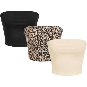 imageMakeMeChic Womens 3 Pcs Y2k Leopard Print Tube Tops Strapless Cheetah Print Crop TopMulticolor D