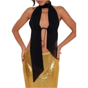 imageMakeMeChic Womens Cheetah Print Halter Top Y2K Tie Front Backless Club Going Out Tank TopsBlack