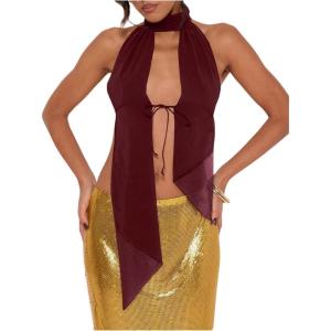 imageMakeMeChic Womens Cheetah Print Halter Top Y2K Tie Front Backless Club Going Out Tank TopsBurgundy