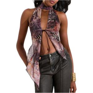 imageMakeMeChic Womens Cheetah Print Halter Top Y2K Tie Front Backless Club Going Out Tank TopsLeopard Multi