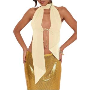 imageMakeMeChic Womens Cheetah Print Halter Top Y2K Tie Front Backless Club Going Out Tank TopsYellow