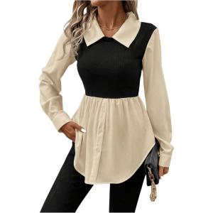 imageMakeMeChic Womens Color Block Rib Knitted Collar Long Sleeve 2 in 1 Shirt Blouse Peplum TopsApricot