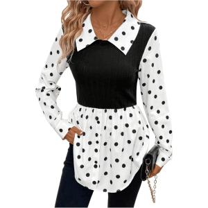 imageMakeMeChic Womens Color Block Rib Knitted Collar Long Sleeve 2 in 1 Shirt Blouse Peplum TopsBlack