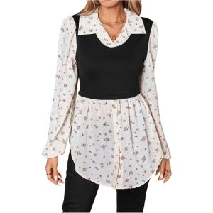 imageMakeMeChic Womens Color Block Rib Knitted Collar Long Sleeve 2 in 1 Shirt Blouse Peplum TopsBlack B