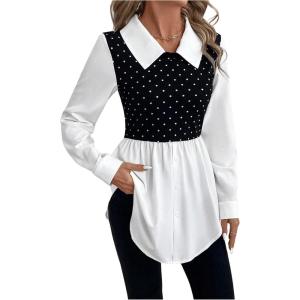 imageMakeMeChic Womens Color Block Rib Knitted Collar Long Sleeve 2 in 1 Shirt Blouse Peplum TopsBlack Dots