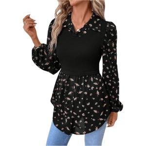 imageMakeMeChic Womens Color Block Rib Knitted Collar Long Sleeve 2 in 1 Shirt Blouse Peplum TopsBlack a