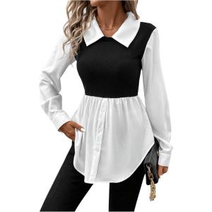 imageMakeMeChic Womens Color Block Rib Knitted Collar Long Sleeve 2 in 1 Shirt Blouse Peplum TopsBlack and White