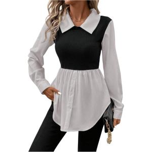 imageMakeMeChic Womens Color Block Rib Knitted Collar Long Sleeve 2 in 1 Shirt Blouse Peplum TopsGrey