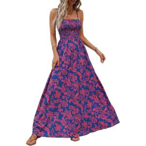 imageMakeMeChic Womens Floral Print Shirred Cami Dress Spaghetti Strap Sleeveless High Waist Flare Long DressBlue